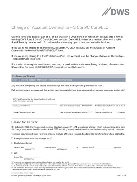 Fillable Online Dws Form A Change Of Account Ownership Entity S