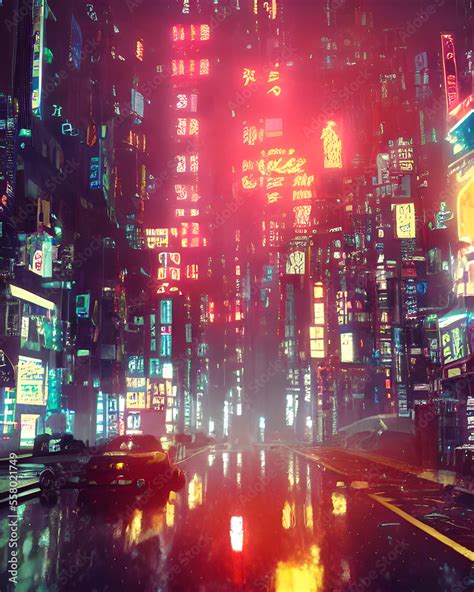 Rainy Foggy Cyberpunk City Neo Tokyo Cinematic Lighting Reflections