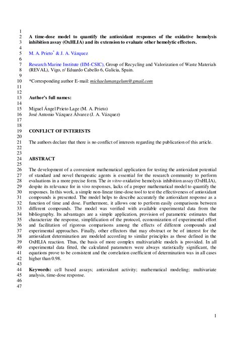 PDF A Time Dose Model To Quantify The Antioxidant Responses Of The