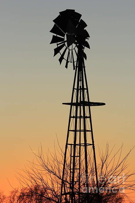 Kansas Colorful Sunset With A Tree And Windmill Silhouette By Robert D