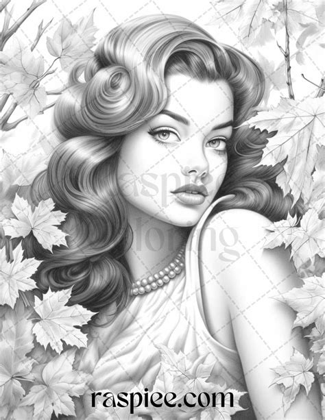 55 Autumn Pin Up Girls Grayscale Coloring Pages Printable For Adults Pin Up Girls Grayscale