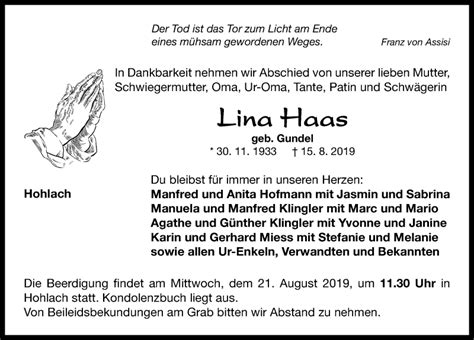 Traueranzeigen Von Lina Haas Trauer Flz De