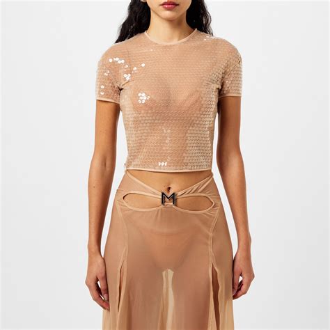 Mugler Sequin Embellished Sheer Top Women Tan Flannels