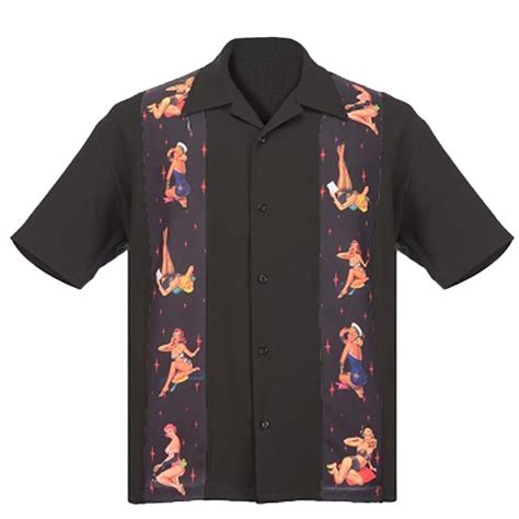 Mens Multi Pin Up Panel Button Up Bowling Shirt Black