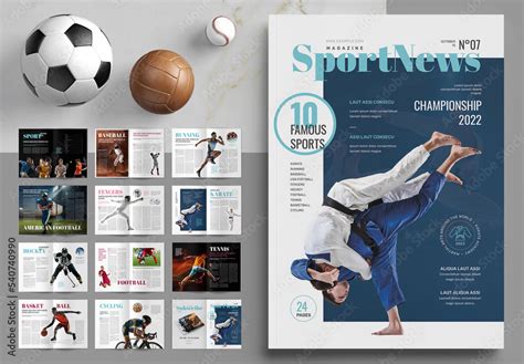 Sport Magazine Layout with Blue and Pink Accents Stock Template | Adobe ...