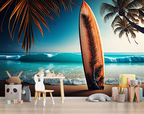 Beach Wallpaper & Surfboard Palm Tree Ocean Beach Wall Art Mural Surf Tropical Landscape Peel ...