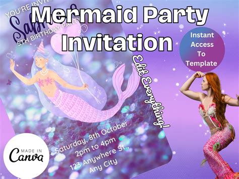 Editable Mermaid Birthday Invitation Little Mermaid Invite Etsy