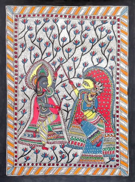 Radha Krishna - Madhubani Art | Fabric color on handmade paper ...