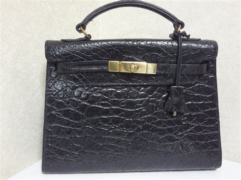 80s Vintage Mulberry Black Croc Embossed Leather Kelly Bag