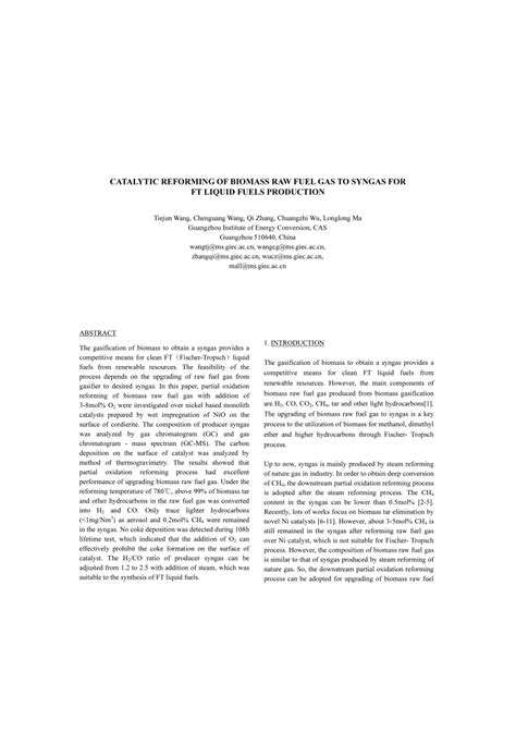 Pdf Catalytic Reforming Of Biomass Raw Fuel Gas To Syngas For Ft