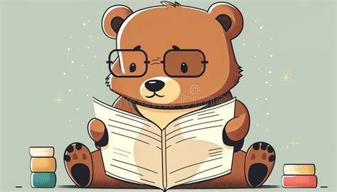 Cute Teddy Bear Reading A Book Generative Ai Stock Illustration