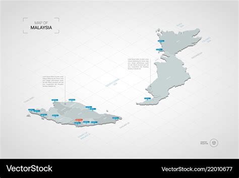 Isometric malaysia map with city names Royalty Free Vector