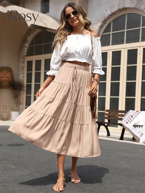 Summer Long Khaki A Line Skirts 2022 Women Simple Ruffle Hem High Waist