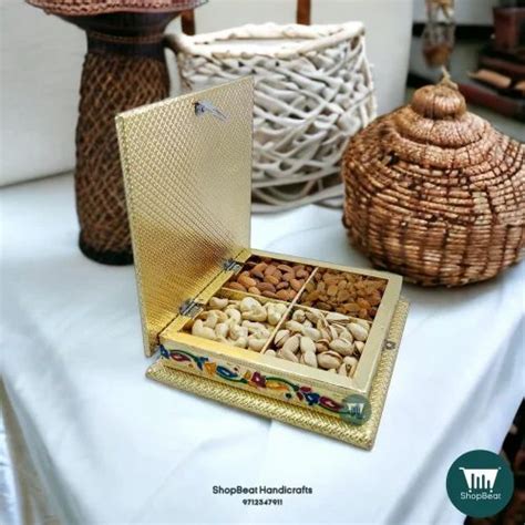 ShopBeat Golden Meenakari Peacock Left Wooden Dry Fruit Box 8x8 Inch