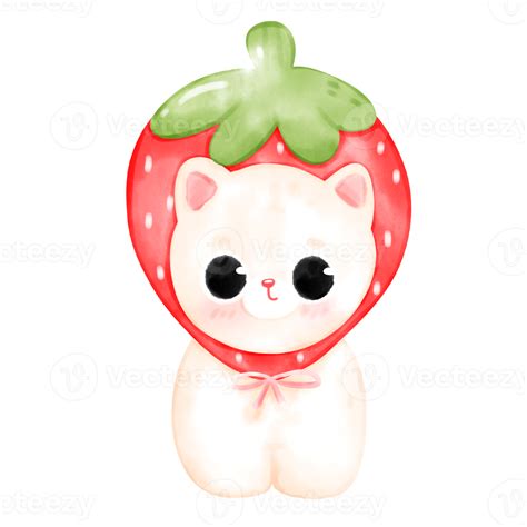 Cute Strawberry Cat Kitty Watercolor Illustration 18930284 Png