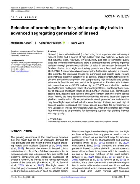 Pdf Selection Of Promising Lines For Yield And Quality Traits In