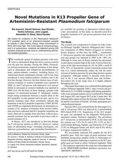 Pdf Novel Mutations In K Propeller Gene Of Artemisinin Resistant