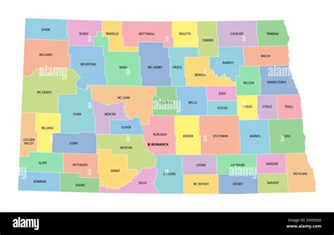 North Dakota U S State Subdivided Into 53 Counties Multi Colored Political Map With Its