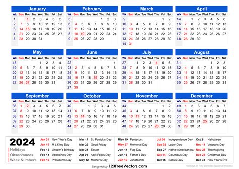 Free 2024 Holiday Calendar With Week Numbers Printable