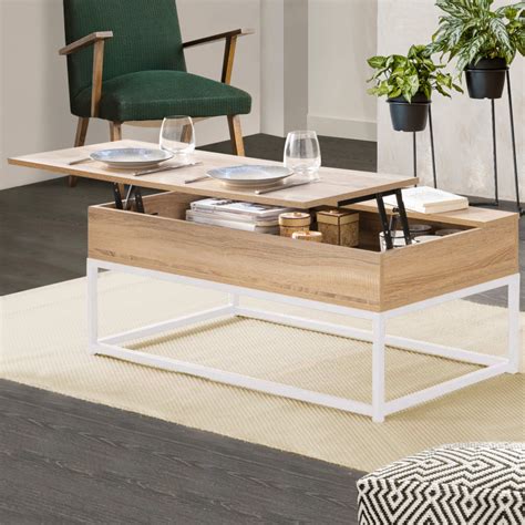 Table Basse Industrielle Blanche Et Bois Plateau Relevable DETROIT