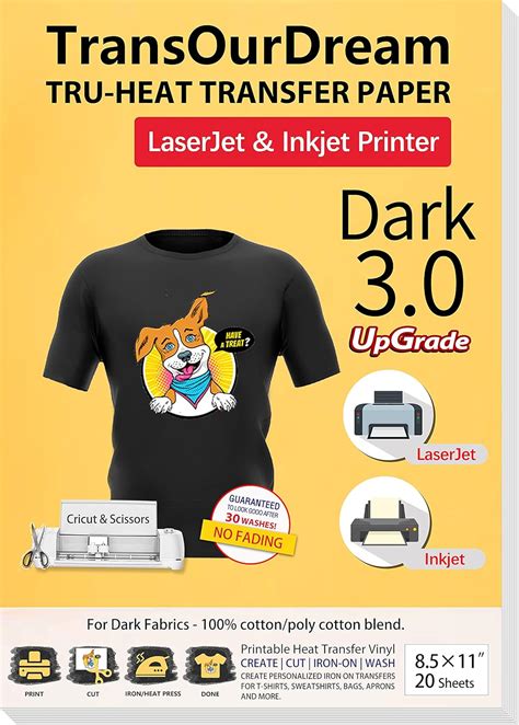 Transourdream Tru Iron On Heat Transfer Paper For Dark Fabric 20 Sheets 8 5x11 Dark 3 0 T