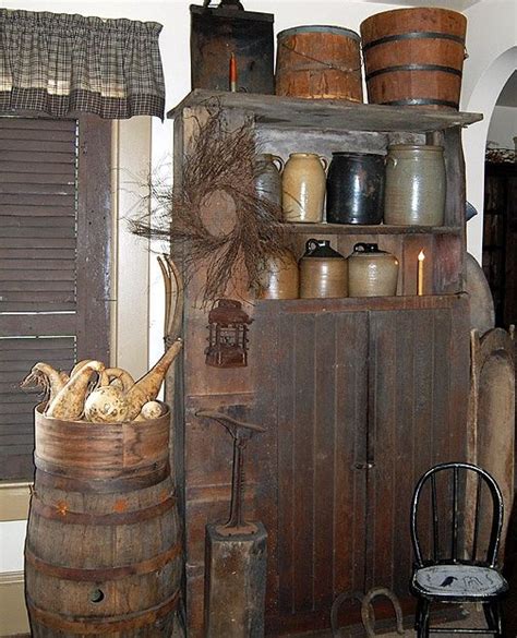 Primitive Style Old Prim Cupboard With Old Crocks And Jugs And Primitive Decorating