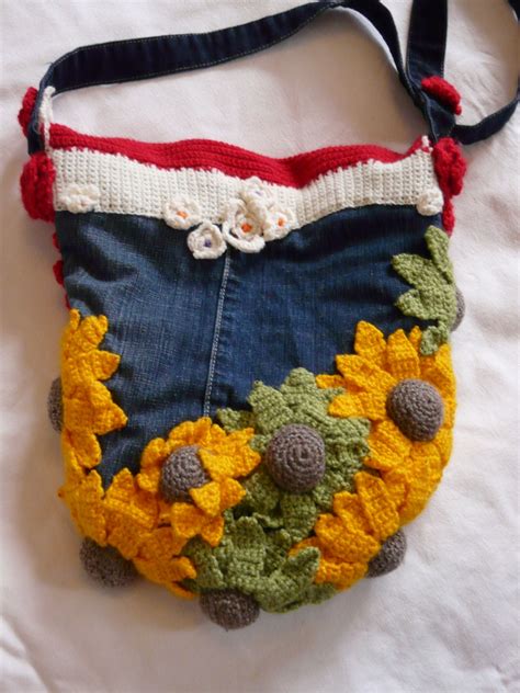 Handmade Bag With Strong Denim And Crocheted Sunflowers A Unique Piece