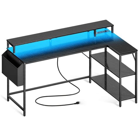 Praisun L Shaped Gaming Desk With Led Lights And Power Outlets