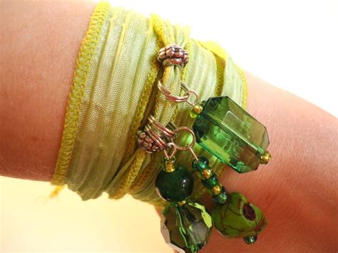 Items Similar To Silk Wrap Bracelet Charm Bracelet In Green With Accent