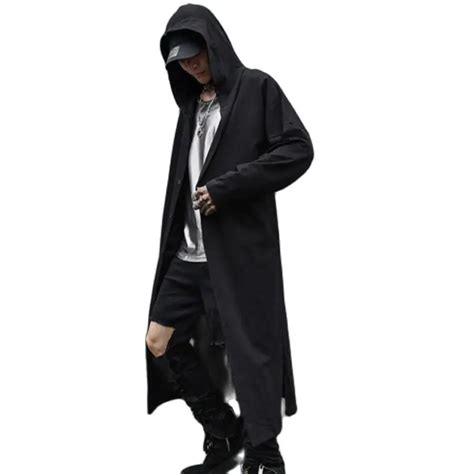 Spring Summer Men Black Thin Punk Rock Hip Hop Hooded Trench Coat Long Jacket Mens Gothic