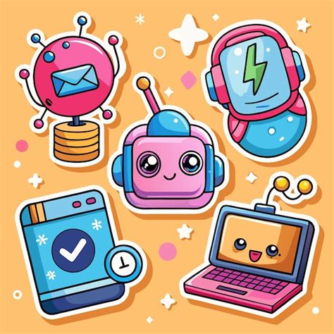 Cute Cartoon Sticker Set With Robots Laptop And Check Mark Premium AI