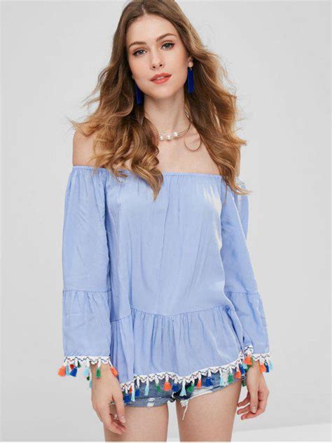 [33 Off] 2021 Zaful Off Shoulder Tassel Flare Sleeve Blouse In Light