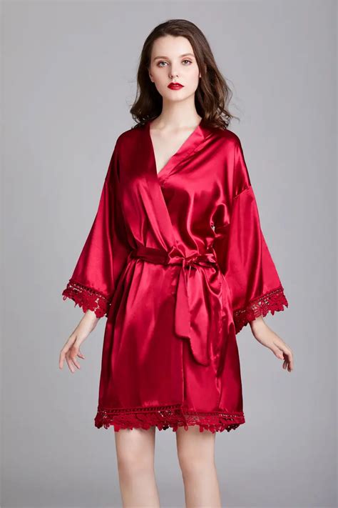 Lace Trim Satin Night Robe Elegant V Neck Long Sleeve House Temu