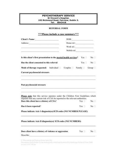 Referral Form For Clinical Psychology St Vincent S Hospital