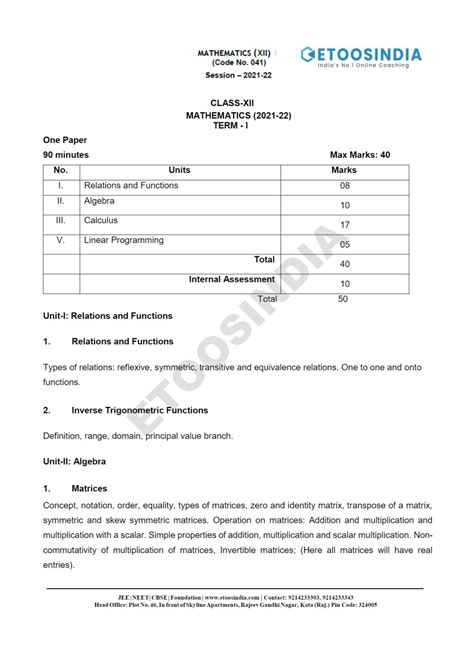 Cbse Board Exam Class 12 Maths Syllabus Free Pdf Download Etoosindia