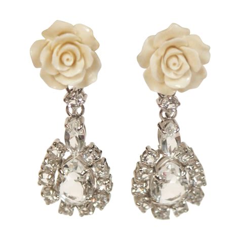 Prada Large Rhinestone Clip On Earrings With Cream Rose Detail At 1stdibs