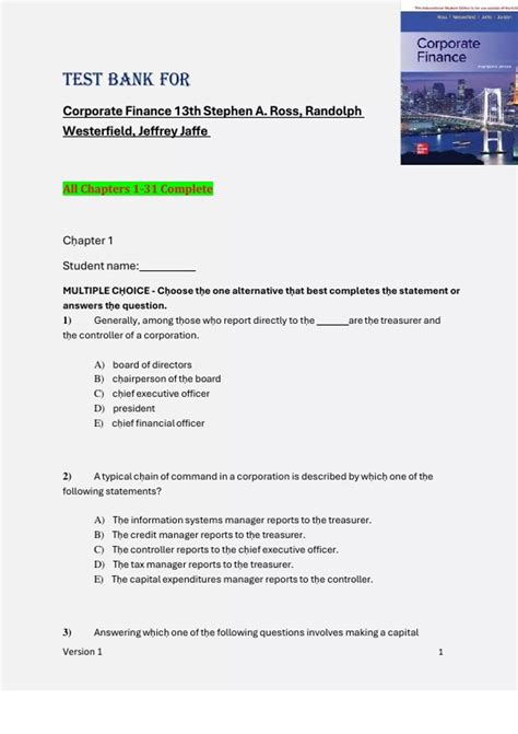 TEST BANK FOR Corporate Finance 13th Stephen A. Ross, Randolph