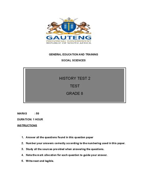 History Grade 8 Term 1 Exemplar 2 General Education And Training