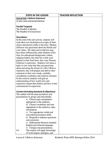 Fillable Online Lesson I Beleivestatementpdf The Monticello