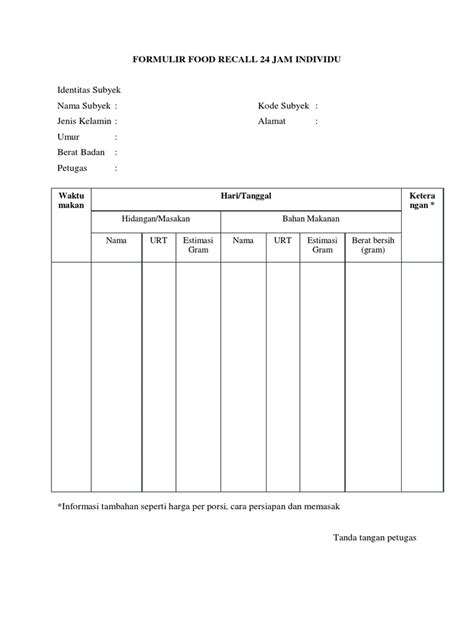 Formulir Food Recall 24 Jam Individu Pdf