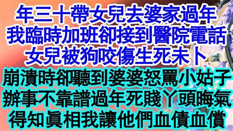 年三十帶女兒去婆家過年，我臨時加班卻接到醫院電話，女兒被狗咬傷生死未卜，我崩潰卻聽到婆婆怒罵小姑子，辦事不靠譜過年死賤丫頭晦氣，得知真相我讓他們血債血償真情故事會 老年故事 情感需求