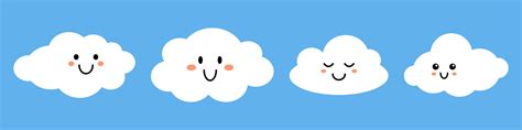 Vector set of white smiling clouds with faces on blue background. Cute ...