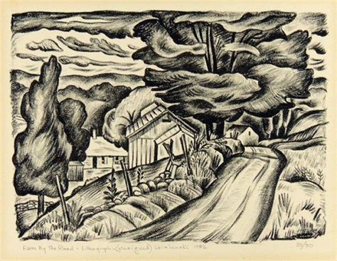 A Black And White Drawing Of A Rural Road With Houses In The Distance