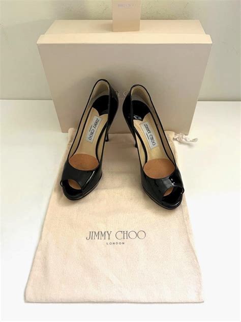 Jimmy Choo Black Patent Leather Luna Pat Peep Toe Pla Gem