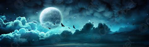 Halloween Night Spooky Moon In Cloudy Sky With Bats Stock Photo