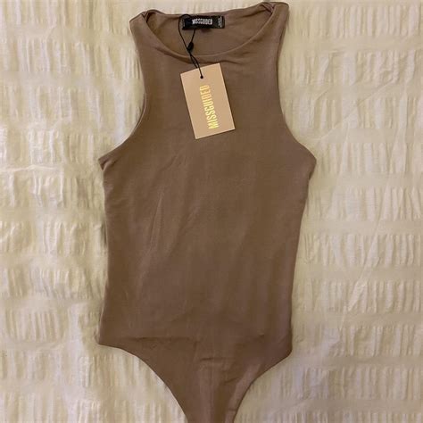 Missguided Nude Stone Beige High Neck Bodysuit Depop