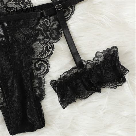 Colrovie Black Scalloped Trim Floral Garter Women Lace Lingerie Set