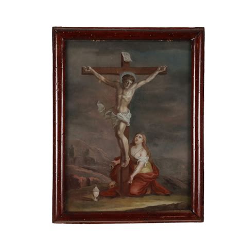 Dipinto Sottovetro Di Cristo Crocifisso E Maddalena Arte Pittura Antica