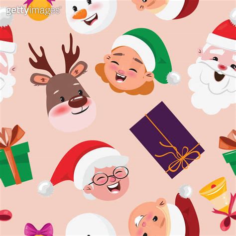 Seamless Pattern With Christmas Characters Faces And Gift Boxes On