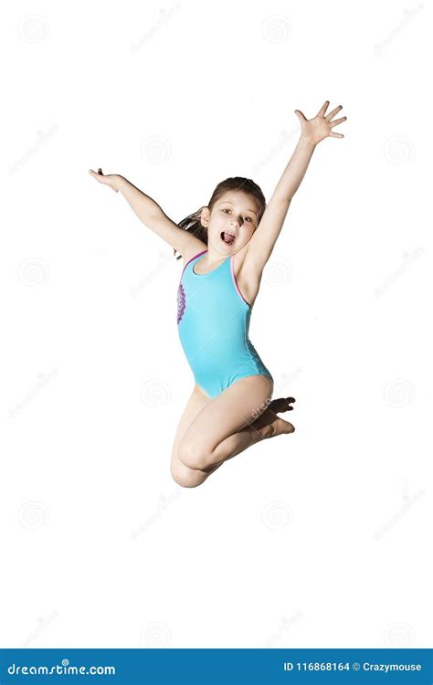 Little Caucasian Female 7 Years Old Girl In Cyan Swimming Costume Jumping On White Background